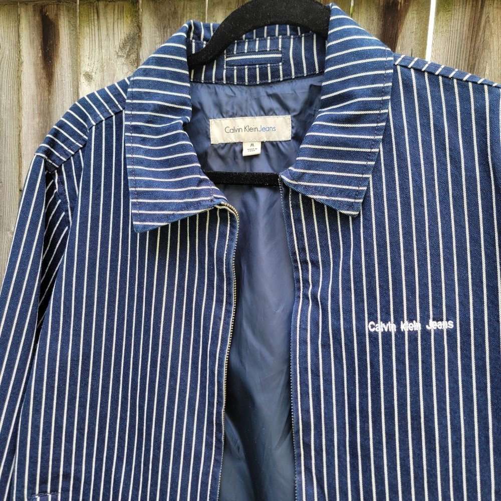 Trucker Jacket Calvin Klein Navy & White Striped Collared Medium Unisex Utility - Picture 5 of 16